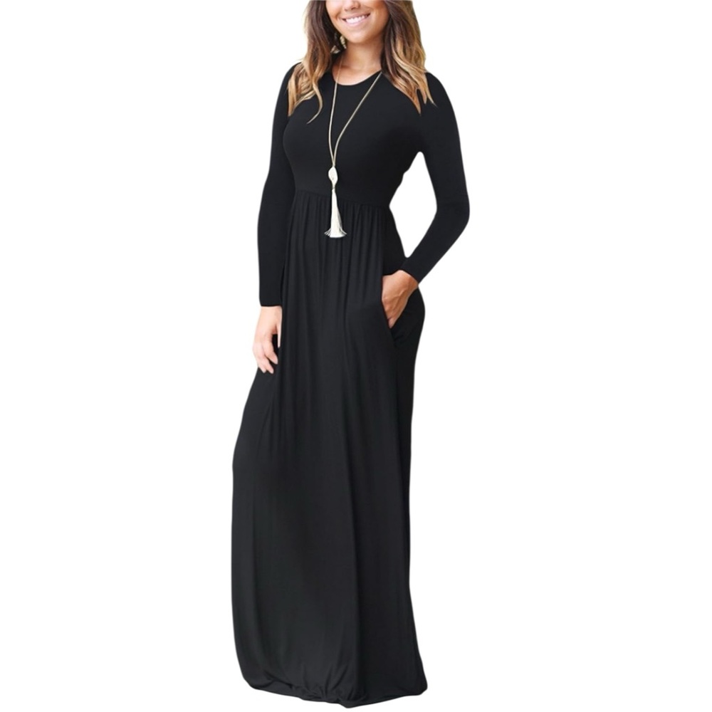 Black Long Sleeve Dress Casual Flowy A-Line Boho Maxi Party Pockets